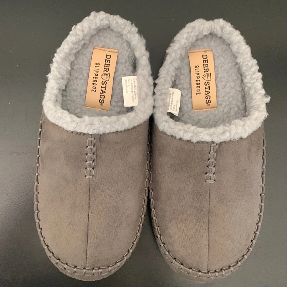 Deer Stags Slipperooz Size 5 Blue Gray Big-Kid Slippers NEW Rubber Sole Sherpa